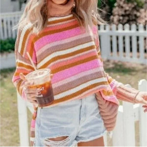 Aerie Pink Sunset Striped Chenille Turtleneck Sweater